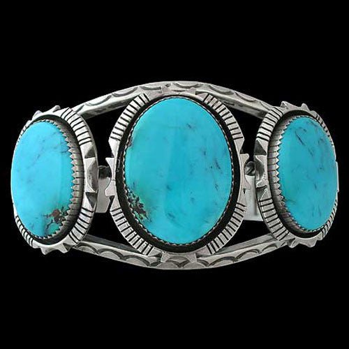Navajo 3 Stone Blue Diamond Turquoise Bracelet - Toby Henderson (#048)