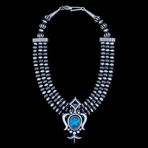 Navajo Kingman Turquoise and Sterling Silver Triple Bead Strand Necklace - Allison Lee (#124)