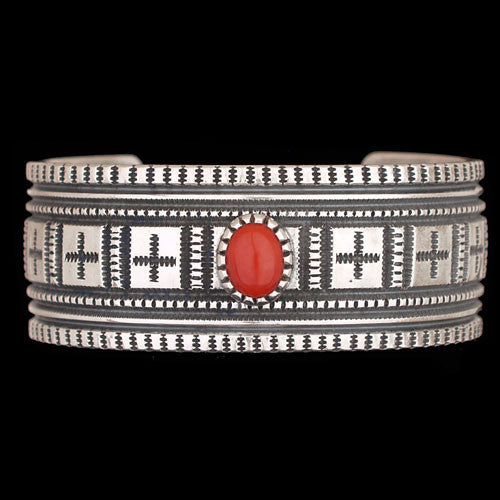 Navajo Sterling Silver Coral and Handstamped Cuff Bracelet - Harrison Jim (#04)