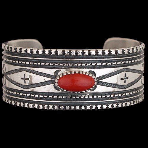 Navajo Sterling Silver Coral Handmade Cuff Bracelet - Harrison Jim (#05)