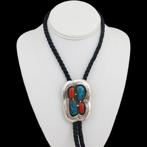 1960's Blue Diamond Turquoise and Coral Bolo Tie (#52)