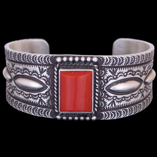 Navajo Handmade Sterling Silver Mediteranean Coral Bracelet - Herman Smith (#02)
